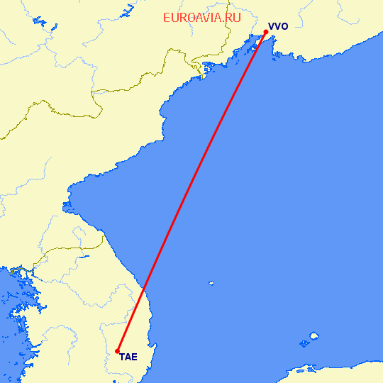 перелет Владивосток — Даегу на карте