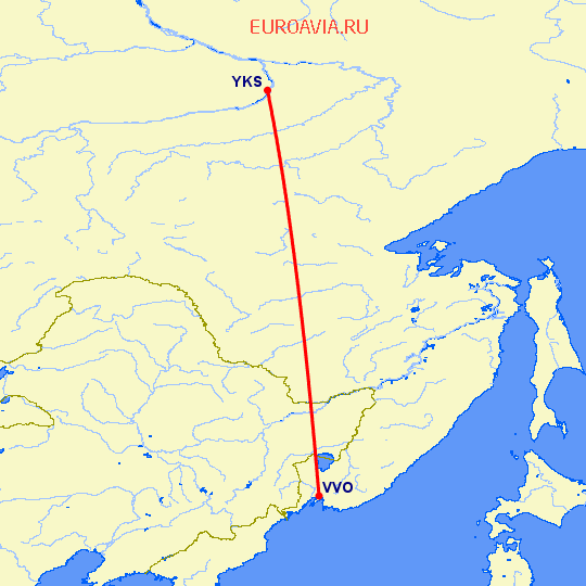 перелет Владивосток — Якутск на карте