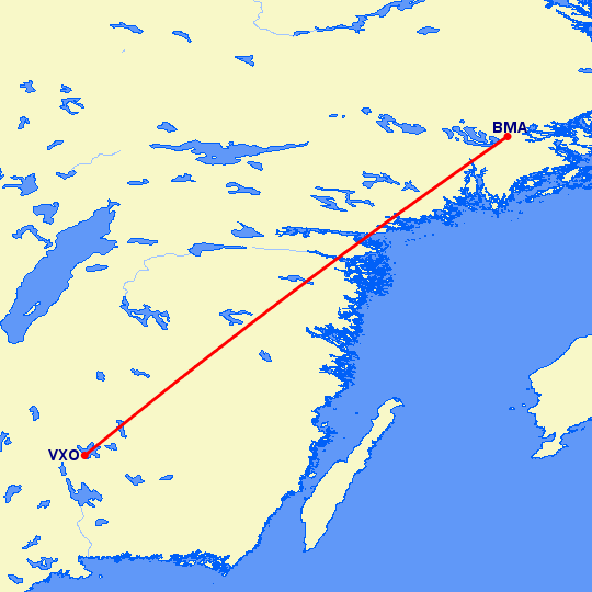 перелет Vaxjo — Стокгольм на карте