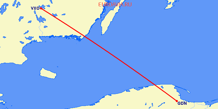 перелет Vaxjo — Гданьск на карте