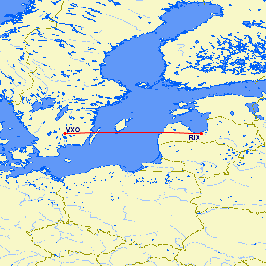 перелет Vaxjo — Рига на карте