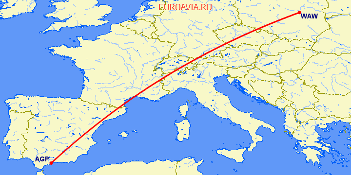 перелет Варшава — Малага на карте