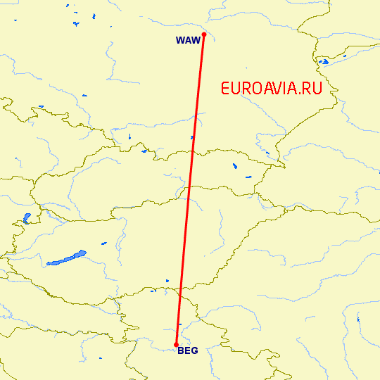 перелет Варшава — Белград на карте