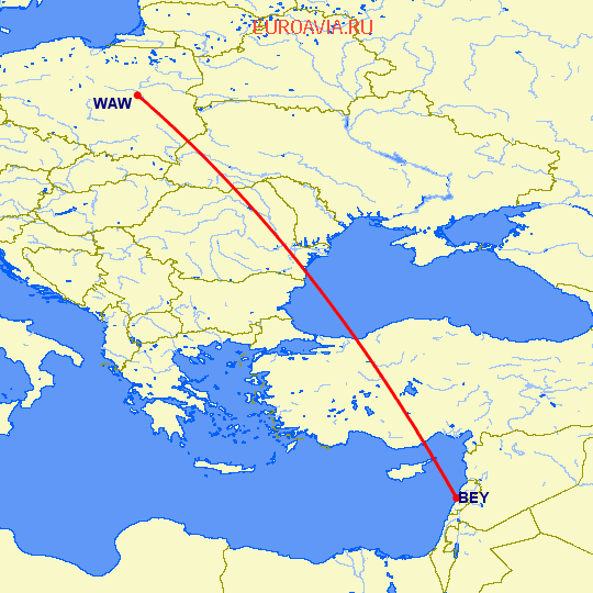 перелет Варшава — Бейрут на карте