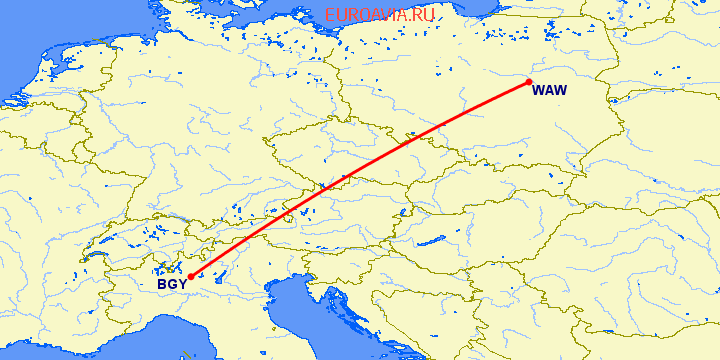 перелет Варшава — Бергамо на карте
