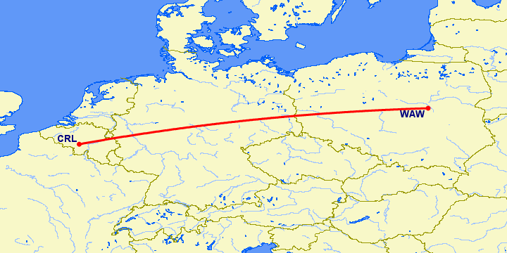 перелет Варшава — Шарлеруа на карте