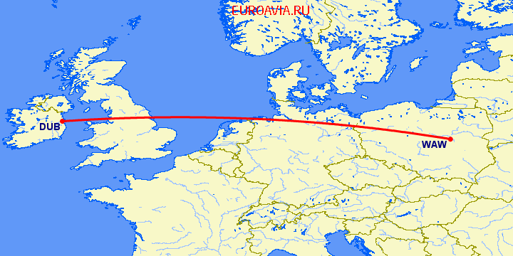 перелет Варшава — Дублин на карте