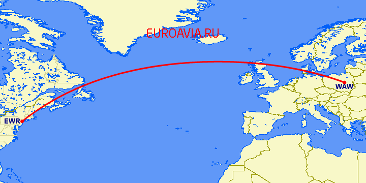 перелет Варшава — Ньюарк на карте