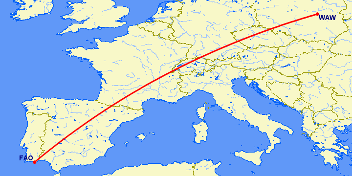 перелет Варшава — Фару на карте