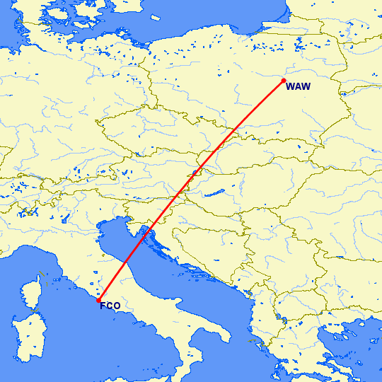 перелет Варшава — Рим на карте