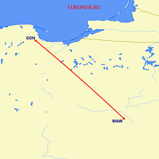 перелет Варшава — Гданьск на карте