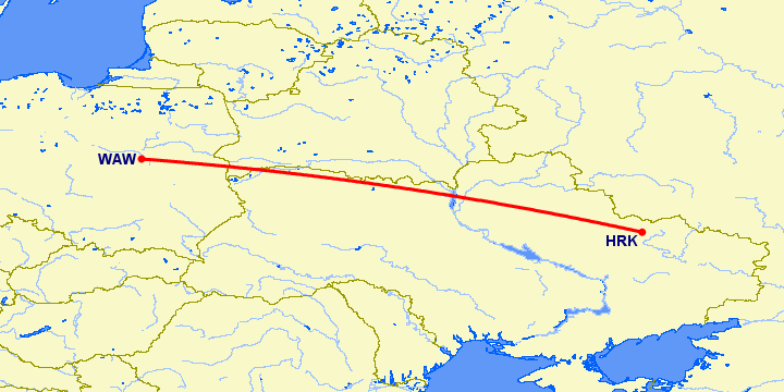 перелет Варшава — Харьков на карте