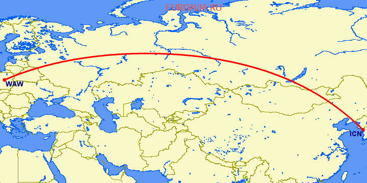 перелет Варшава — Сеул на карте