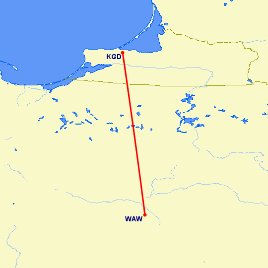 перелет Варшава — Калининград на карте