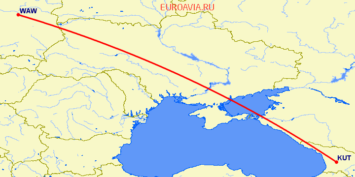 перелет Варшава — Кутаиси на карте
