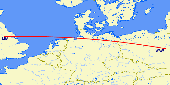 перелет Варшава — Лидс на карте