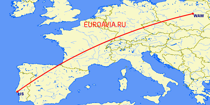 перелет Варшава — Лиссабон на карте