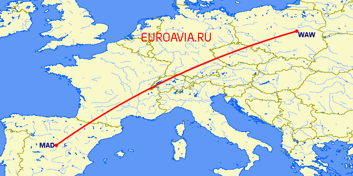 перелет Варшава — Мадрид на карте