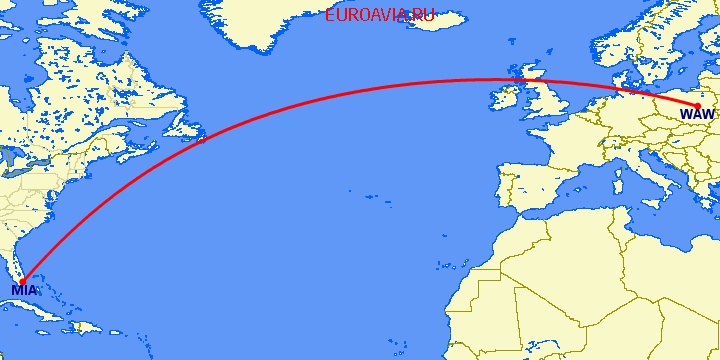 перелет Варшава — Майами на карте
