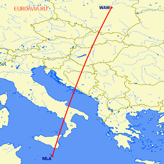 перелет Варшава — Мальта на карте