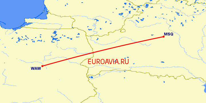 перелет Варшава — Минск на карте