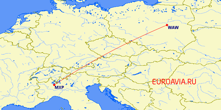 перелет Варшава — Милан на карте