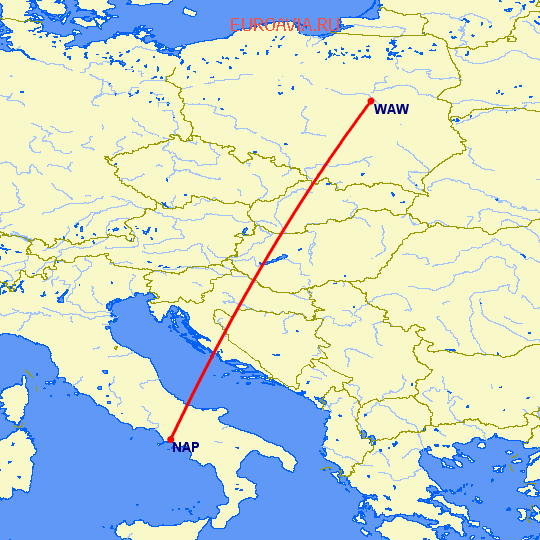 перелет Варшава — Неаполь на карте