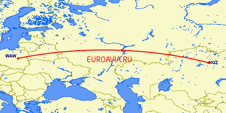 перелет Варшава — Нур-Султан на карте