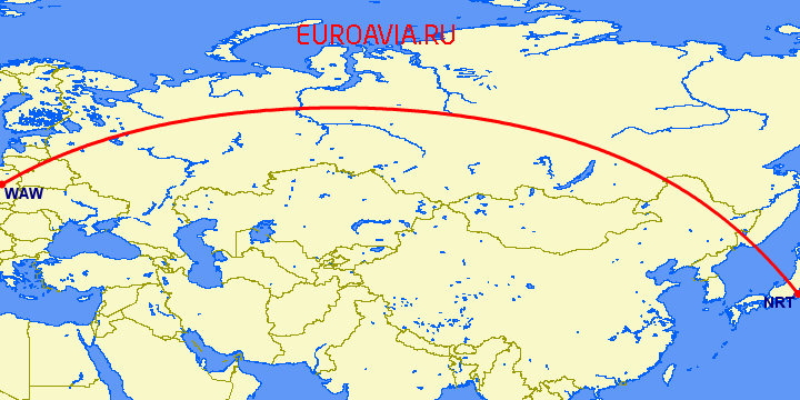 перелет Варшава — Токио на карте