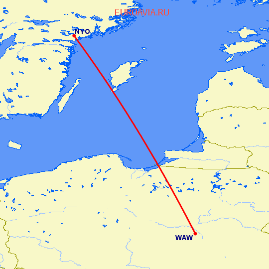 перелет Варшава — Стокгольм на карте
