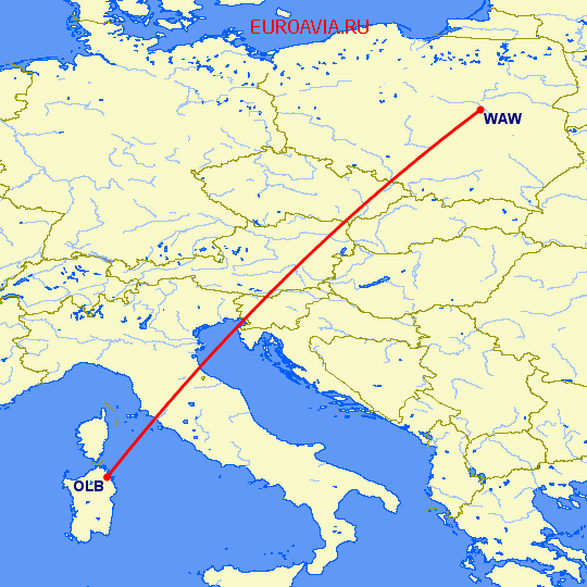 перелет Варшава — Costa Smeralda на карте
