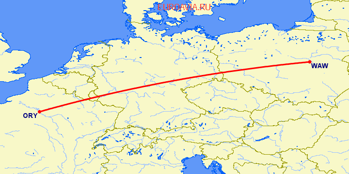 перелет Варшава — Париж на карте