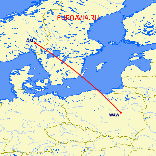 перелет Варшава — Осло на карте