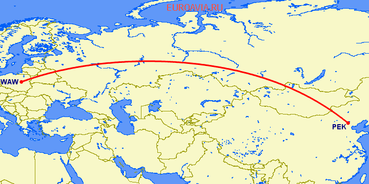 перелет Варшава — Пекин на карте