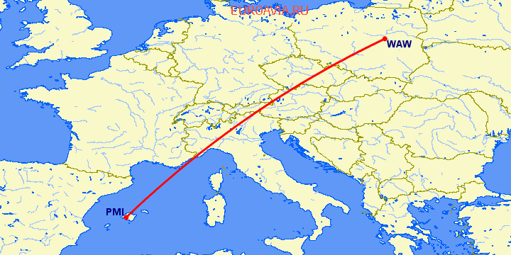перелет Варшава — Пальма де Майорка на карте