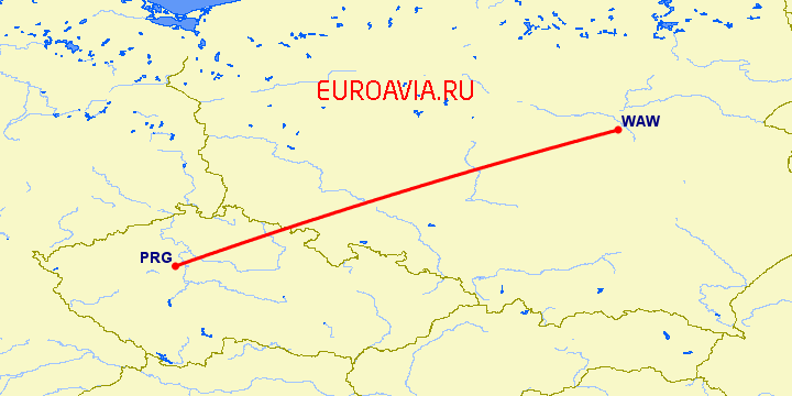 перелет Варшава — Прага на карте
