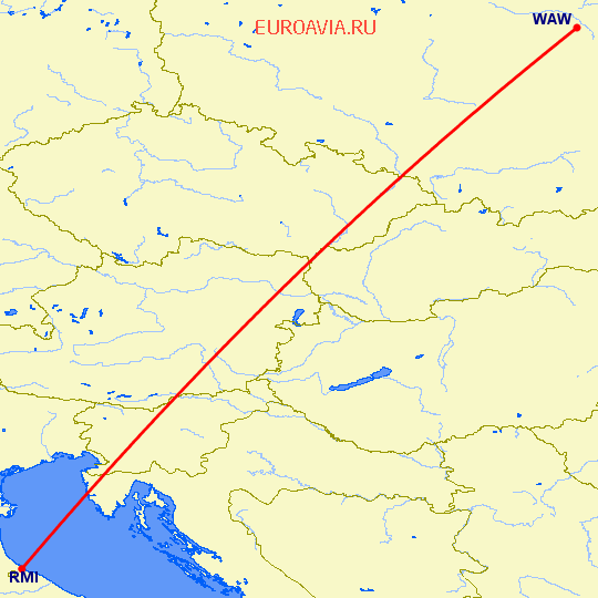 перелет Варшава — Римини на карте