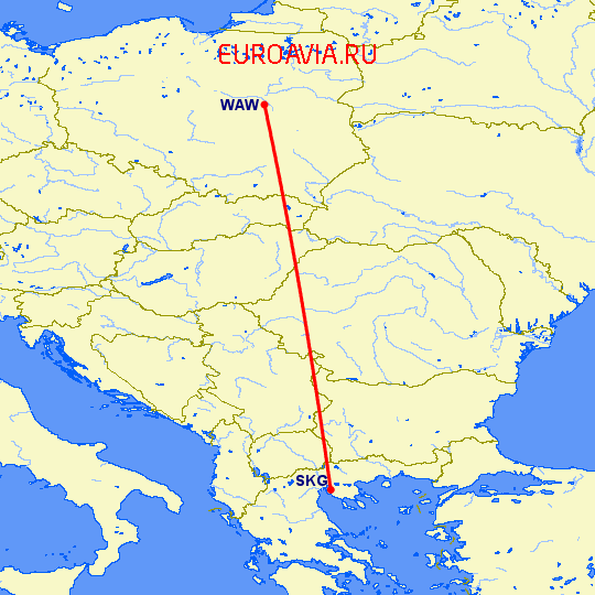 перелет Варшава — Салоники на карте