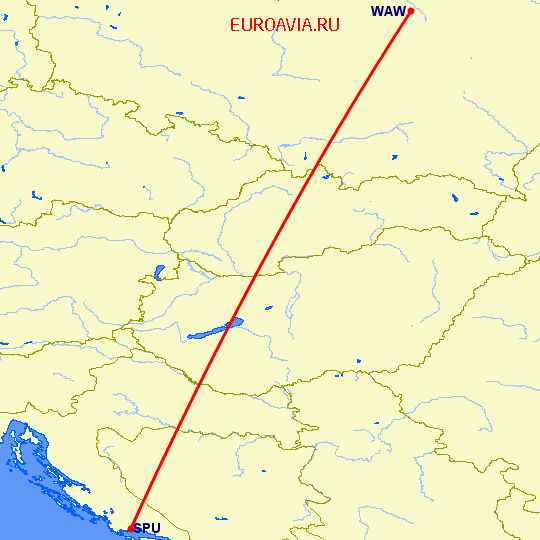перелет Варшава — Сплит на карте