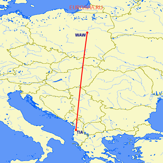 перелет Варшава — Тирана на карте