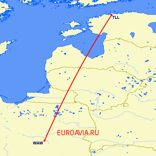 перелет Варшава — Таллин на карте