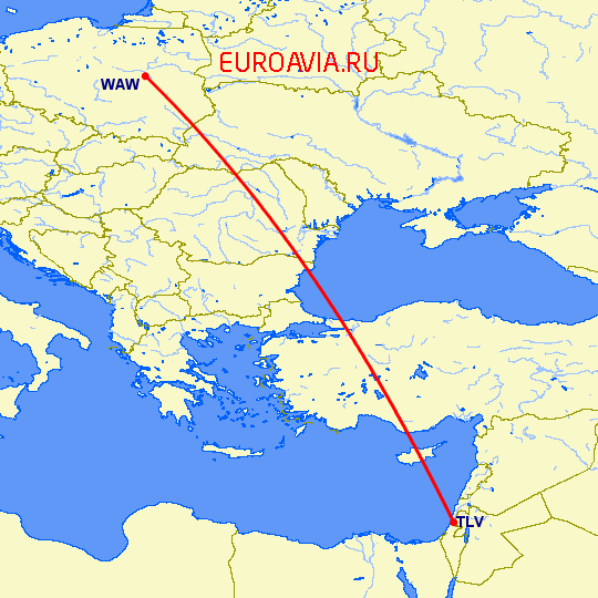 перелет Варшава — Тель Авив на карте