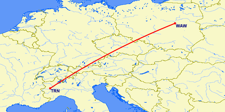 перелет Варшава — Турин на карте