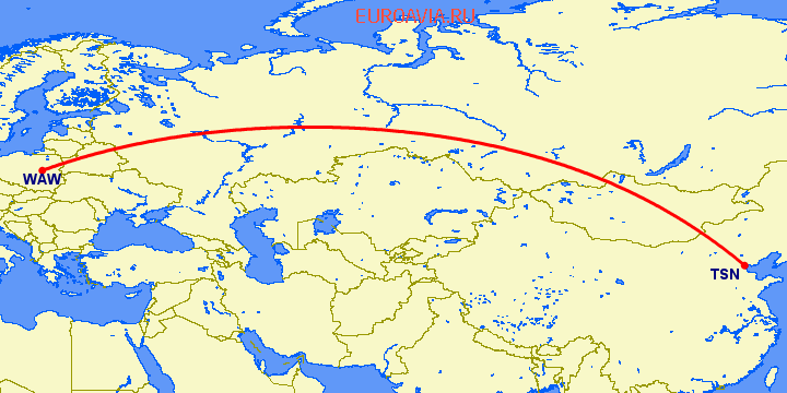 перелет Варшава — Тяньцзинь на карте