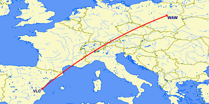 перелет Варшава — Валенсия на карте