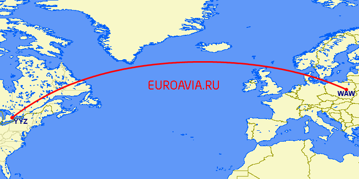 перелет Варшава — Торонто на карте