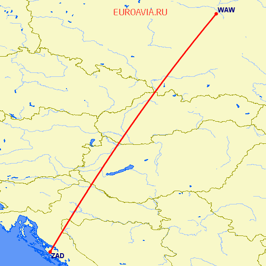 перелет Варшава — Задар на карте