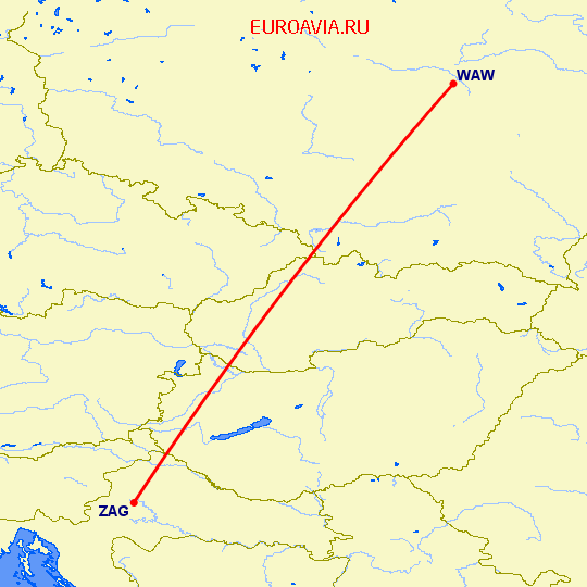 перелет Варшава — Загреб на карте