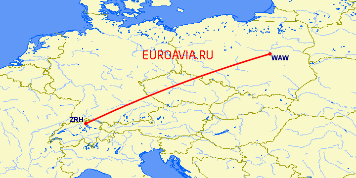 перелет Варшава — Цюрих на карте