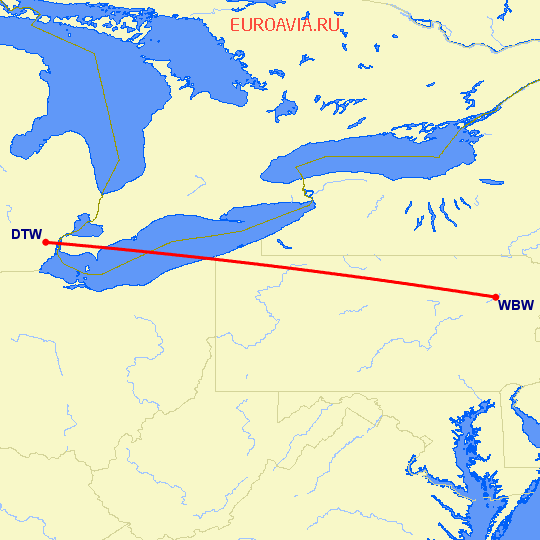 перелет Wilkes-Barre — Детройт на карте